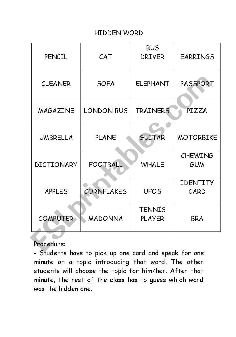 SPEAKING GAME - HIDDEN WORD worksheet