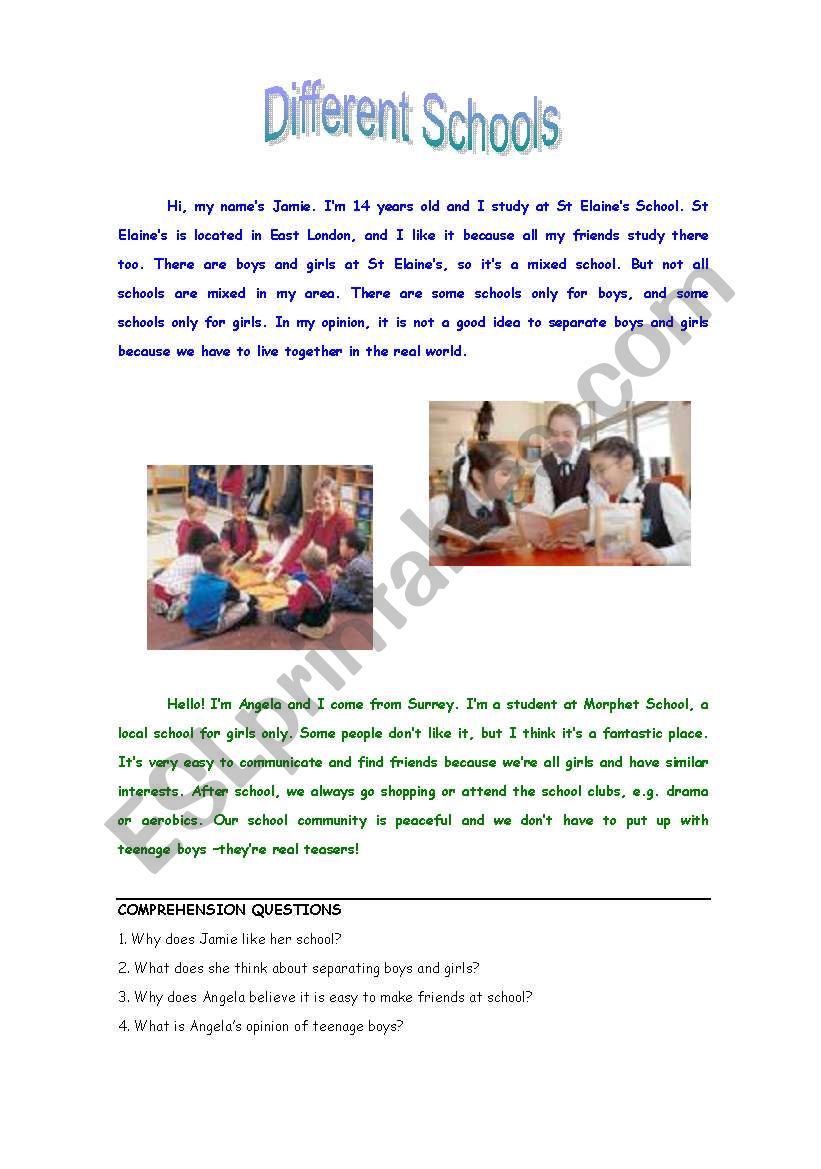 Different Schools worksheet