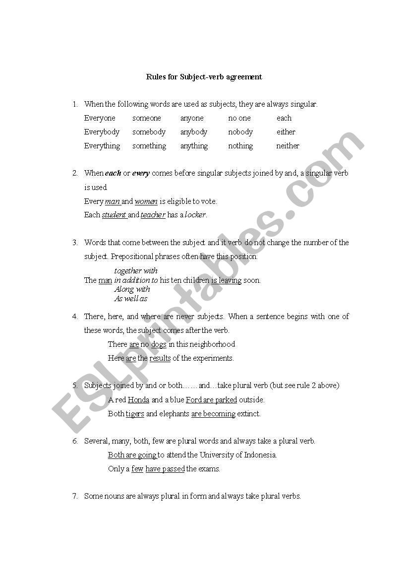 Verb Agreement worksheet