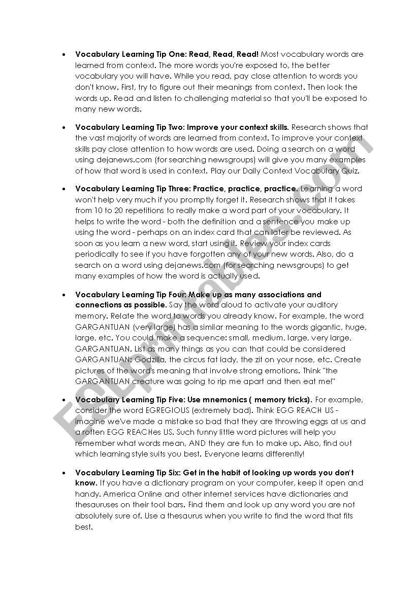 Word Learning Strategies  worksheet