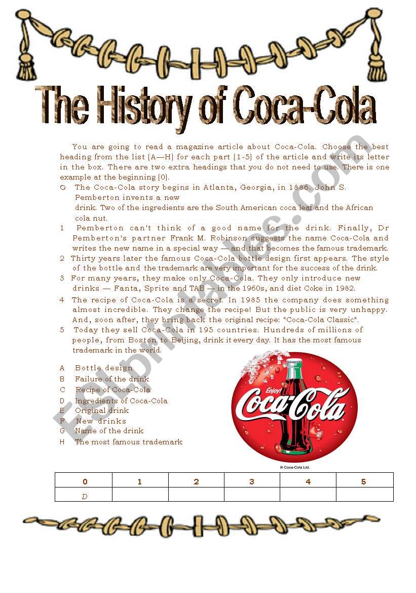 The History of Coca Cola worksheet