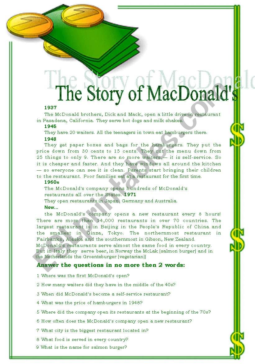 The Story of MacDonalds worksheet