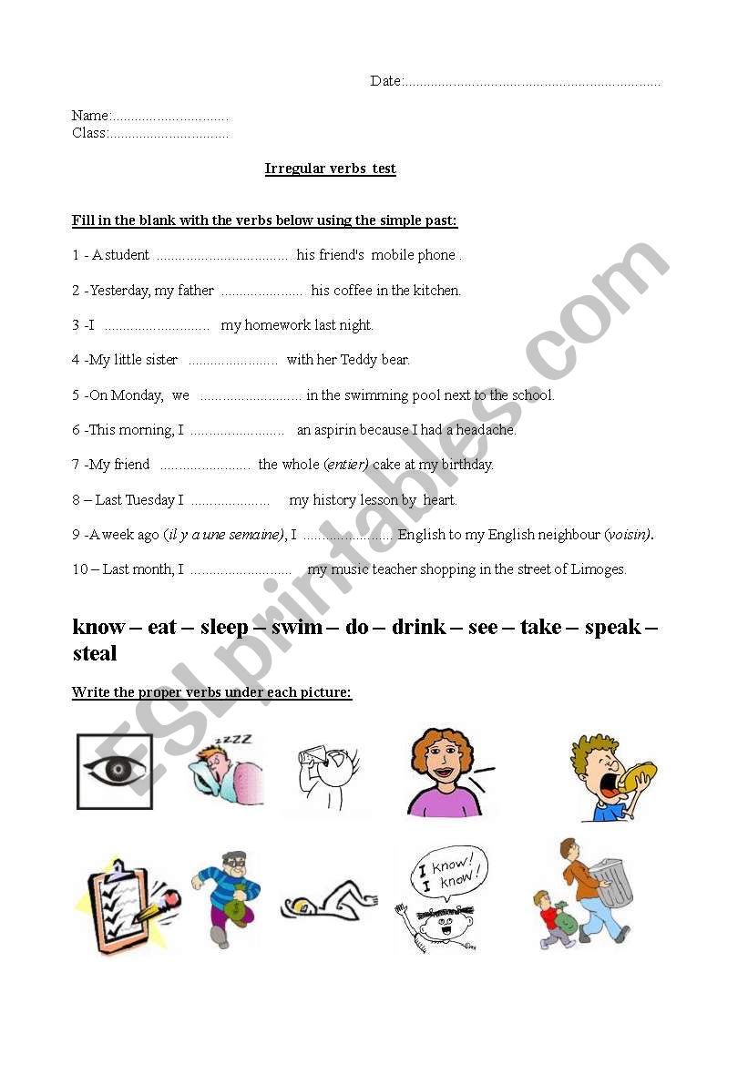 Irregular verbs test worksheet