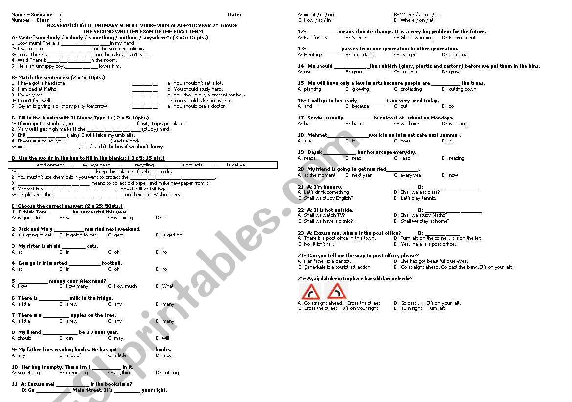 THE 7TH GRADE EXAMINATION worksheet