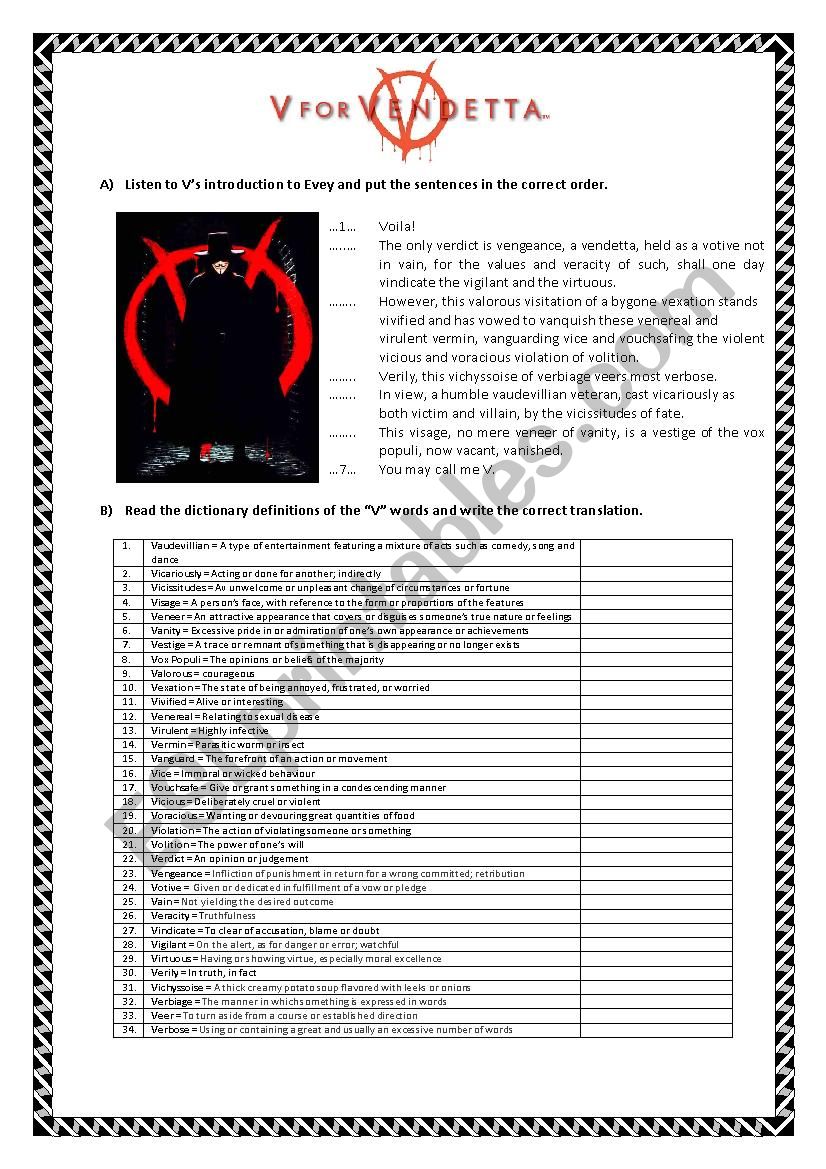 FILM V FOR VENDETTA worksheet