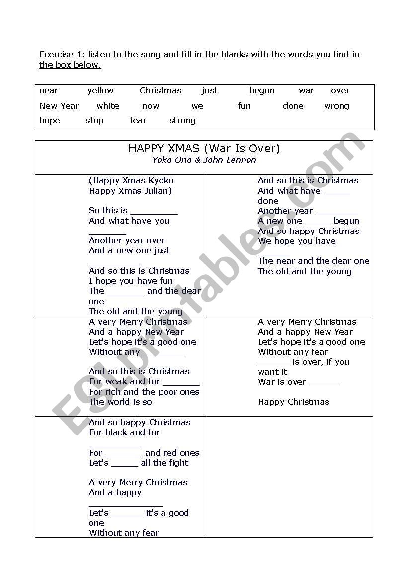 Happy Xmas by John Lennon worksheet