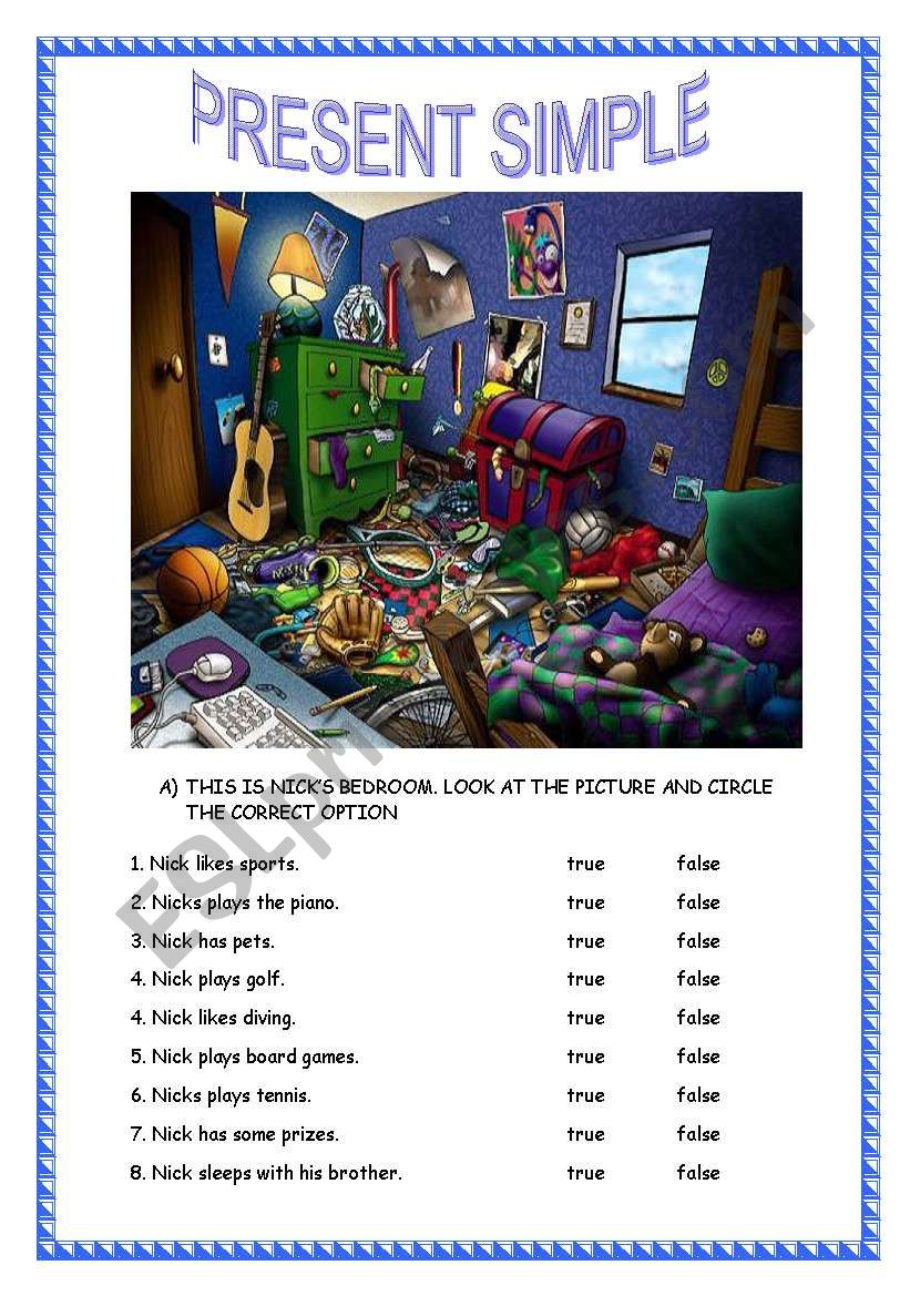 Present simple: Nicks room worksheet