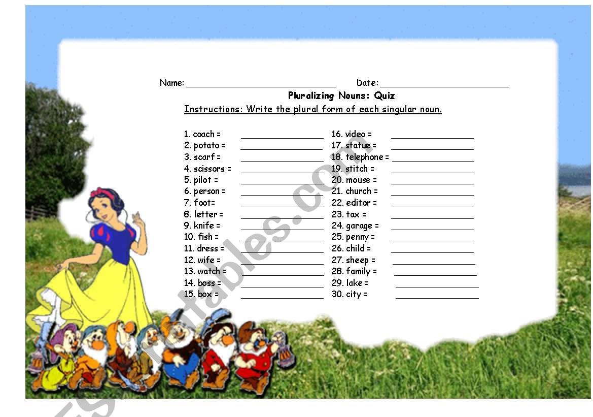 Nouns Pluralizing Quiz worksheet