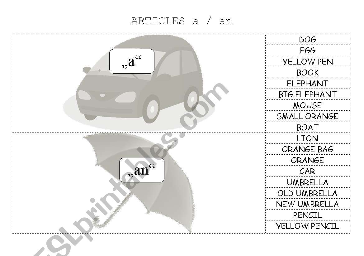 ARTICLES a/an for elementary level (activity cards)