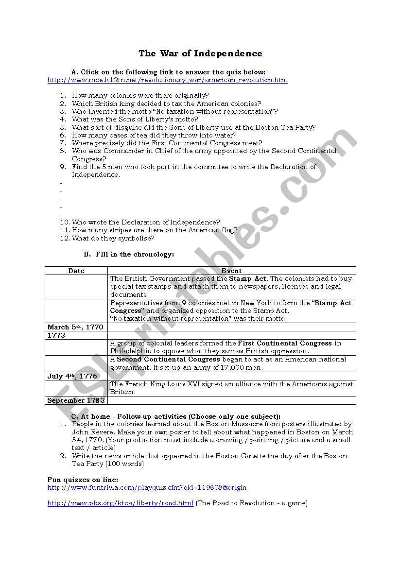 The War of Independence worksheet