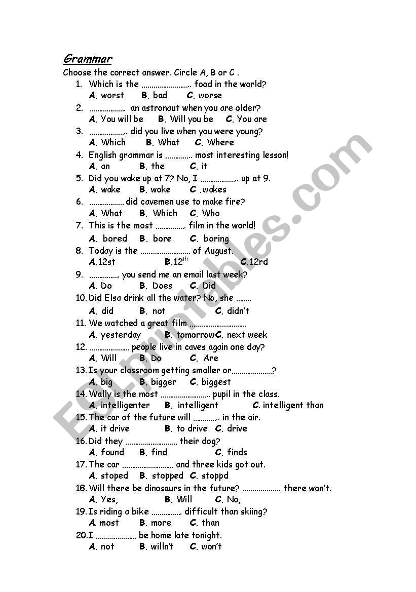 Grammar Phenomena worksheet