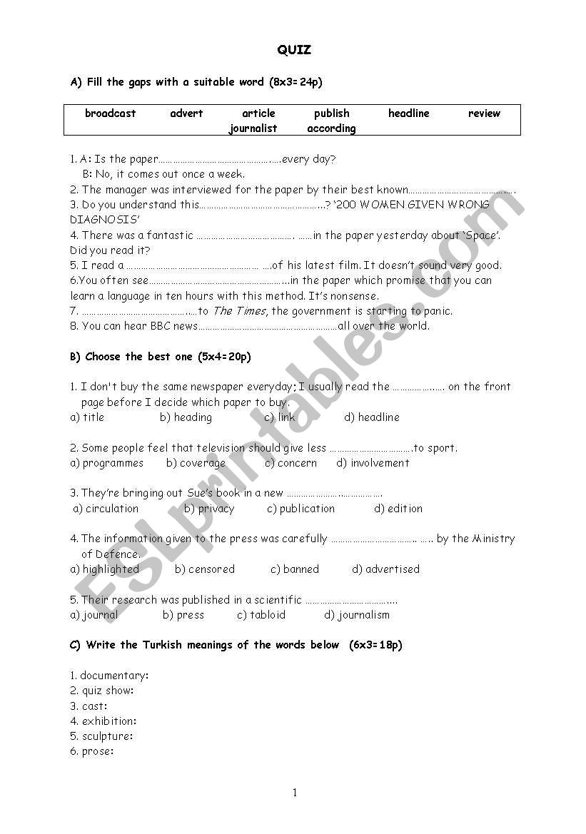 a quiz on newspapers-media-television