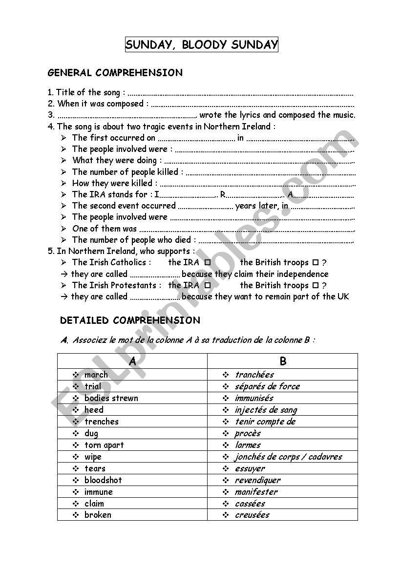 Sunday Bloody Sunday reading comprehension worksheet