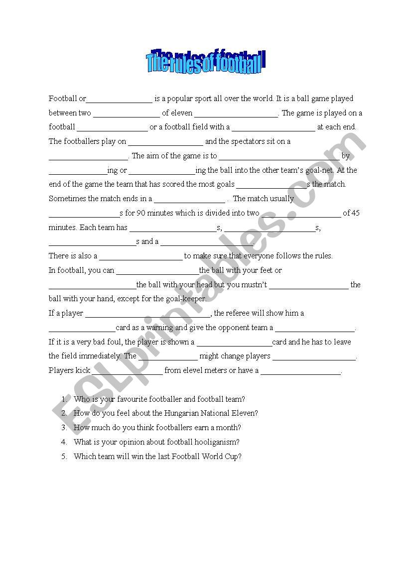 The rules of football worksheet