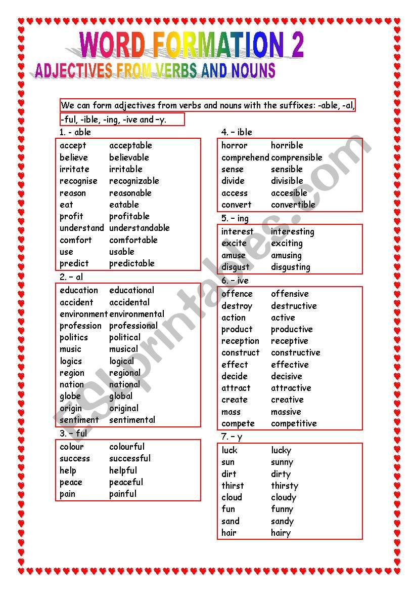 WORD FORMATION 2 ADJECTIVES FROM VERBS AND NOUNS ESL Worksheet By Aragoneses