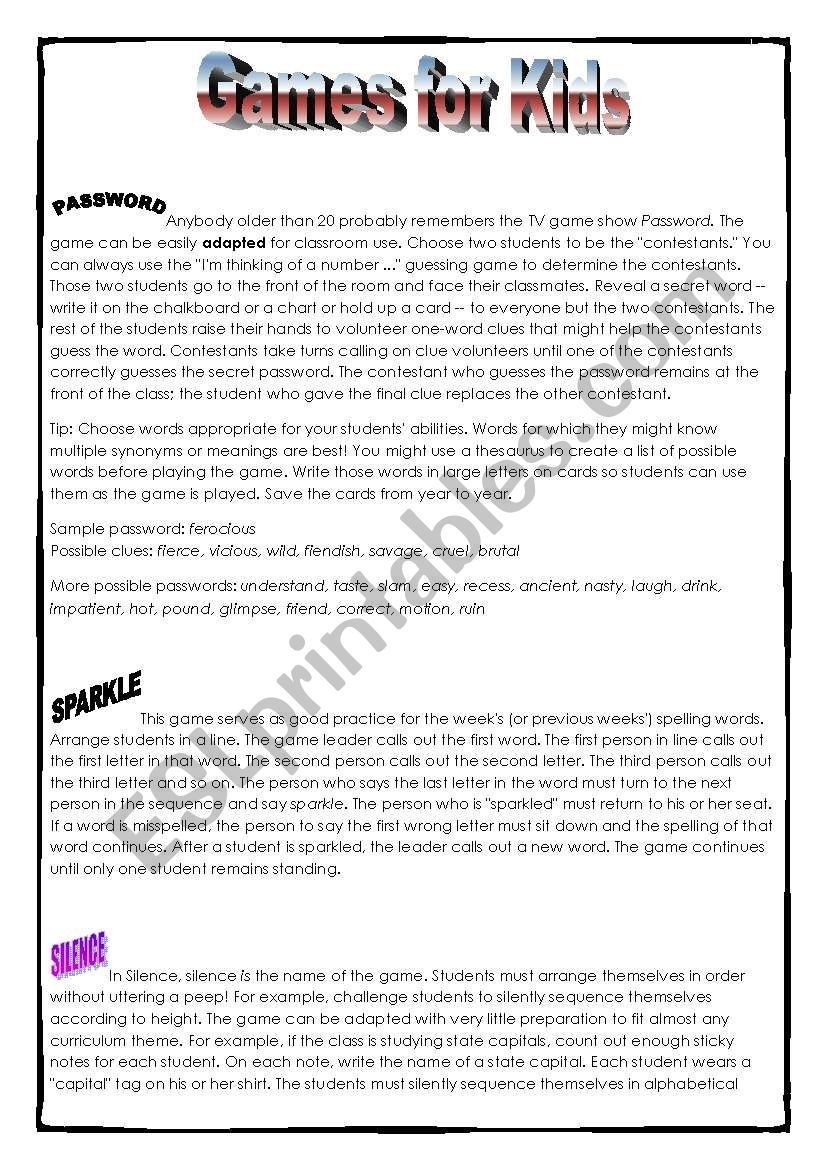 Games for Kids!!!!!!!!!!!!!! worksheet