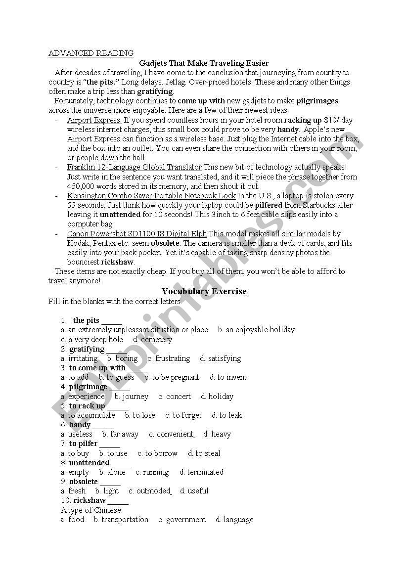 Gadjets with answer key  worksheet