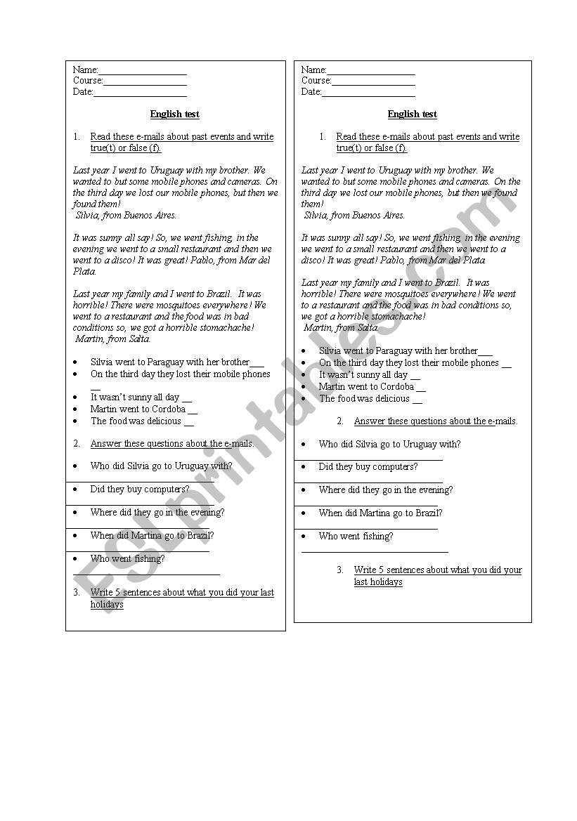 past simple test worksheet