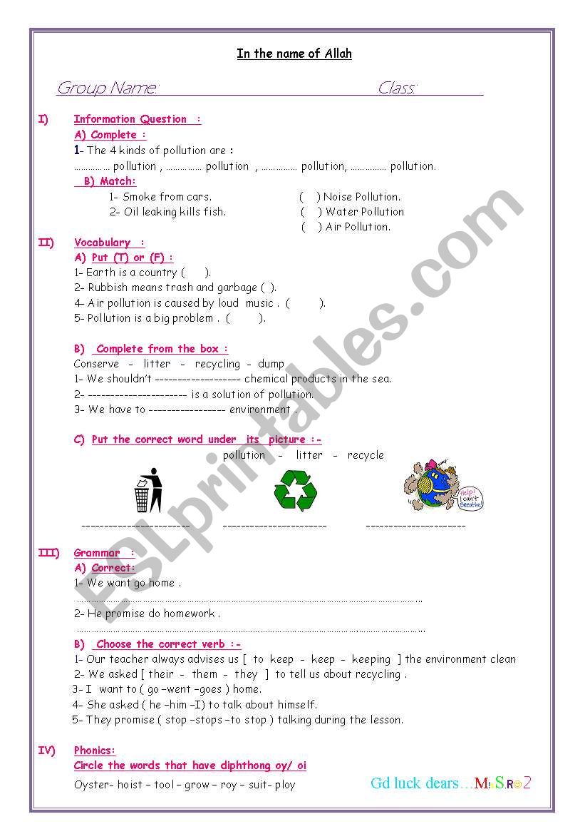 Pollution worksheet