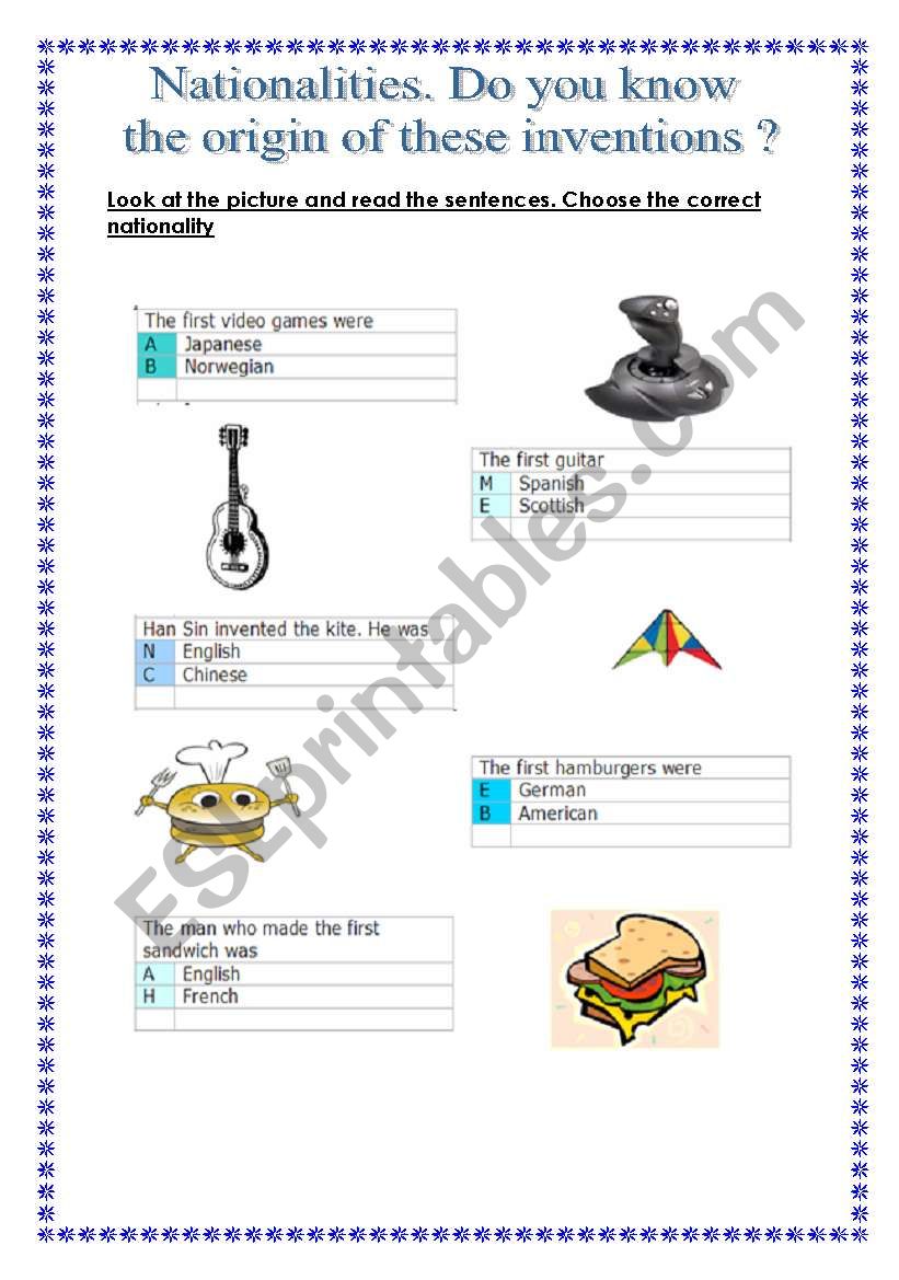 Inventions - nationalities worksheet