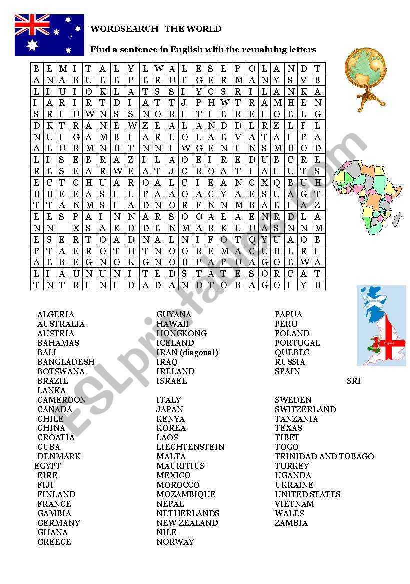 WORDSEARCH THE WORLD worksheet