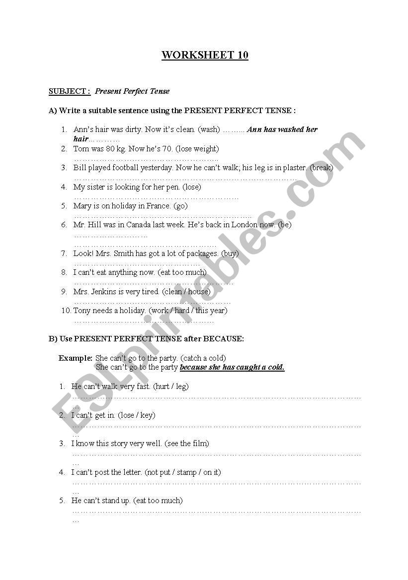 present perfect tense worksheet