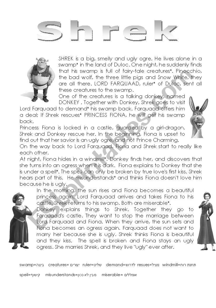 shrek reading + exercises worksheet