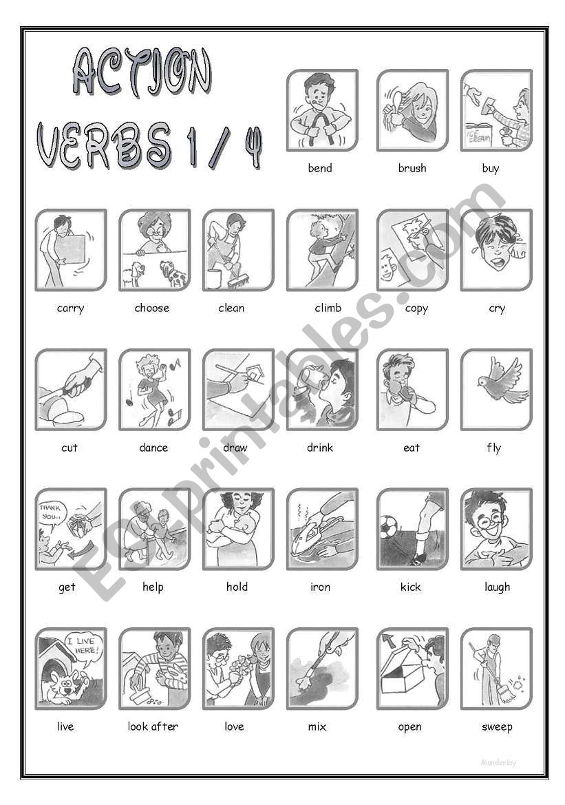 Action Verbs (B&W) 1/4 worksheet