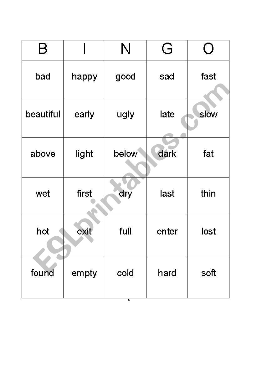 Synonym Antonym Bingo Board 4 worksheet