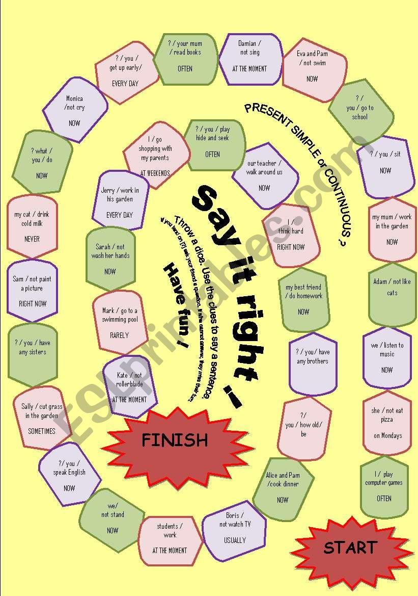 Say it right! BOARD GAME Present Simple and Continuous - ESL worksheet ...