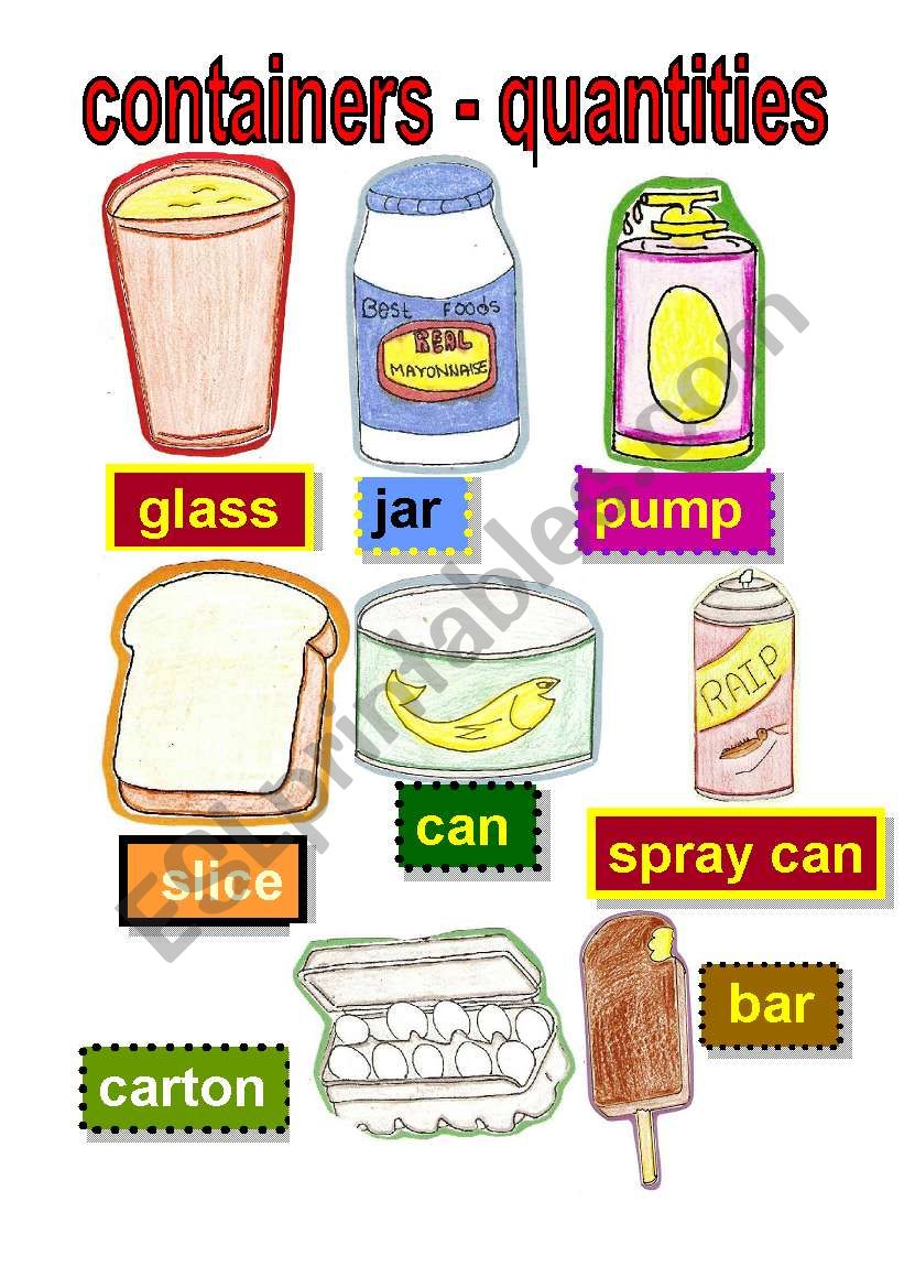 flashcards - containers and quantities  #1- glass - jar - pump - slice - can - spray can - carton - bar