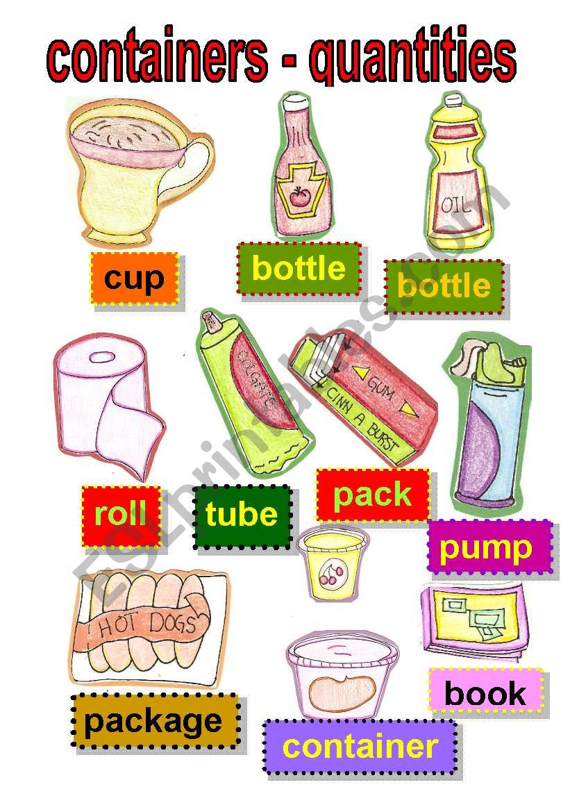 flashcards - containers and quantities #2- cup -pack- pump - tube- package - roll - bottle- book- container