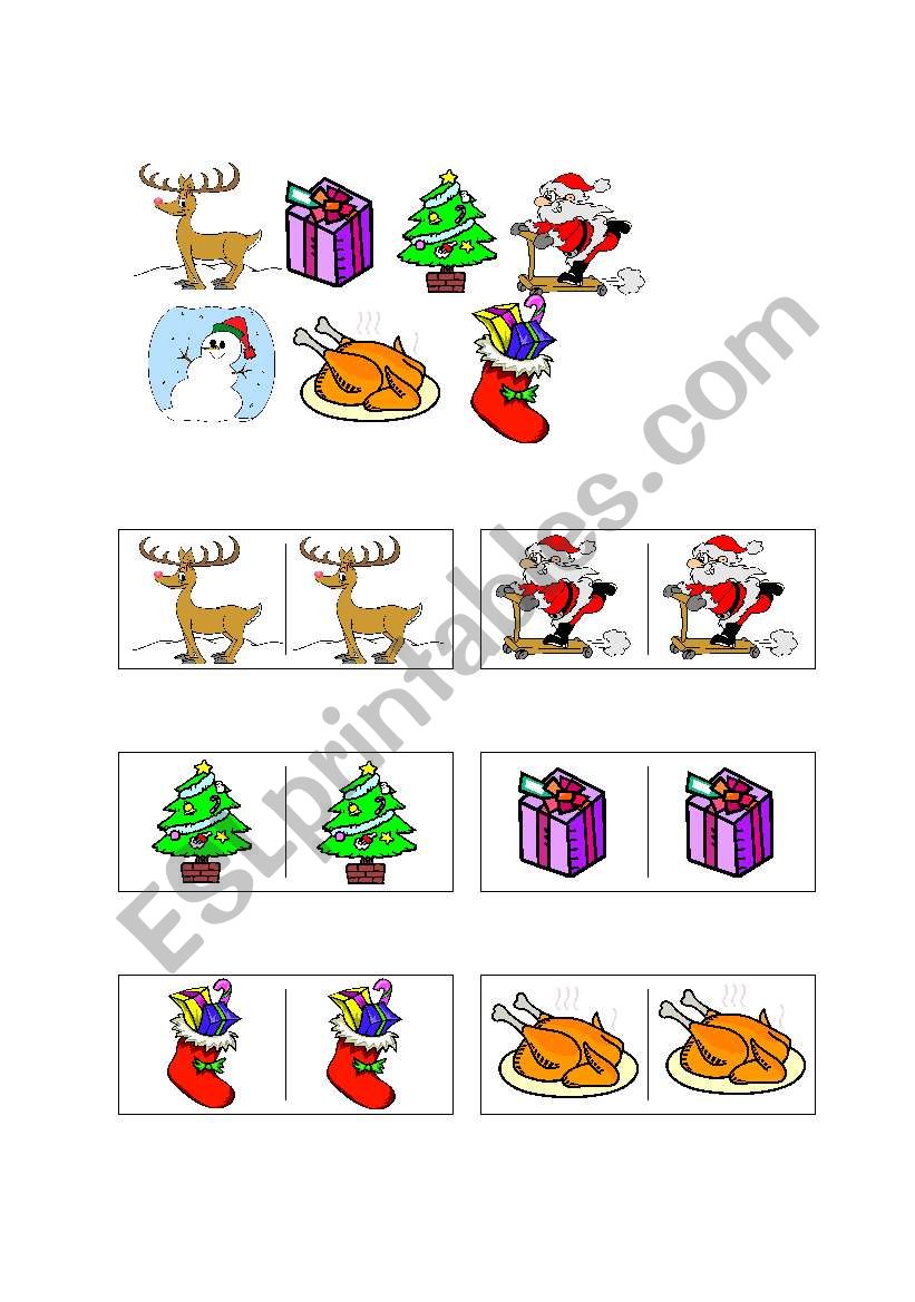 Christmas dominoes - reindeer, present, Xmas tree, Santa Claus, snowman, turkey, stocking
