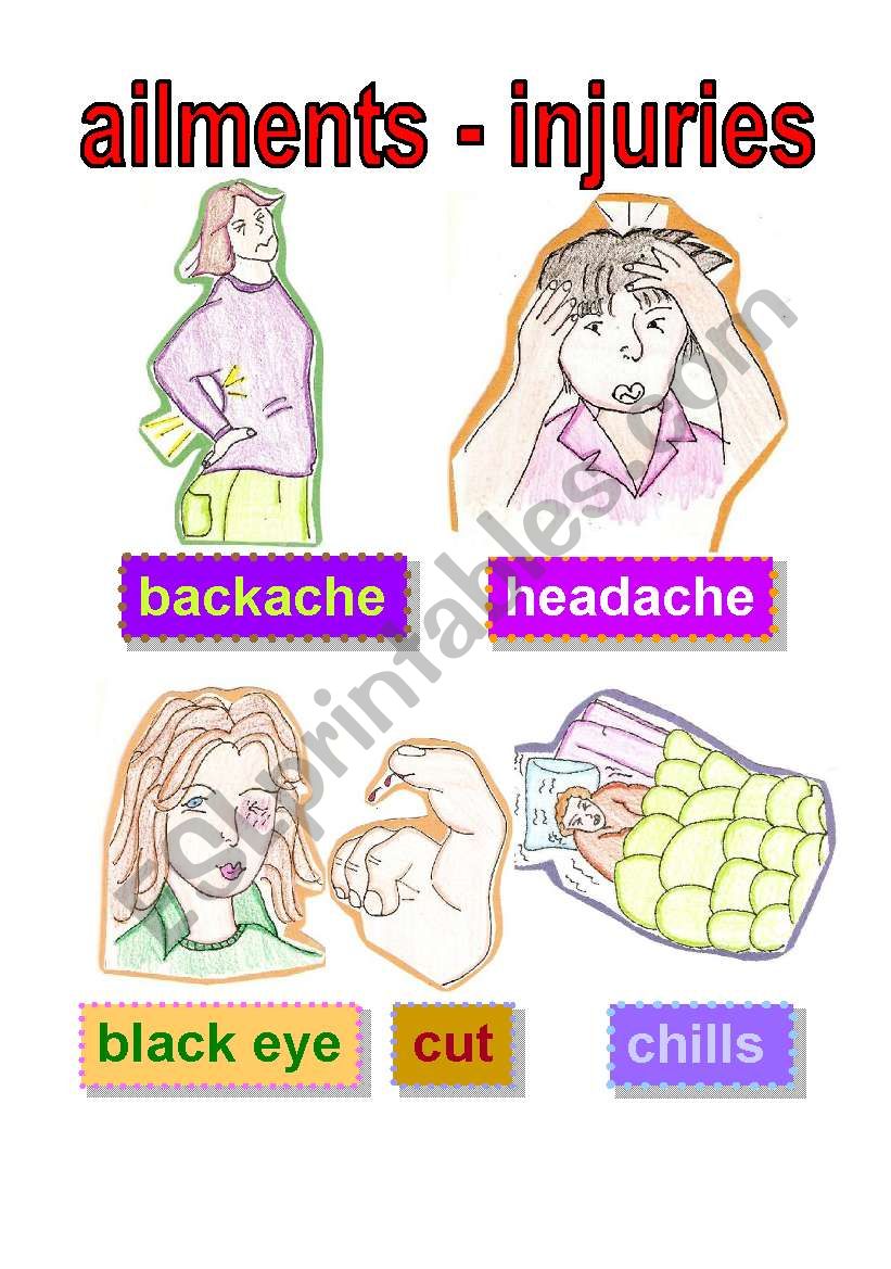 flashcard - ailments and injuries #1 - backache - headache - black eye - cut - chills