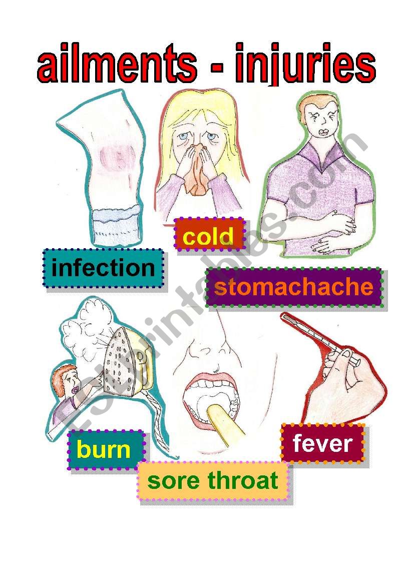 flashcard - ailments and injuries #2 - infection - cold - estomachache- burn - sore throat - fever