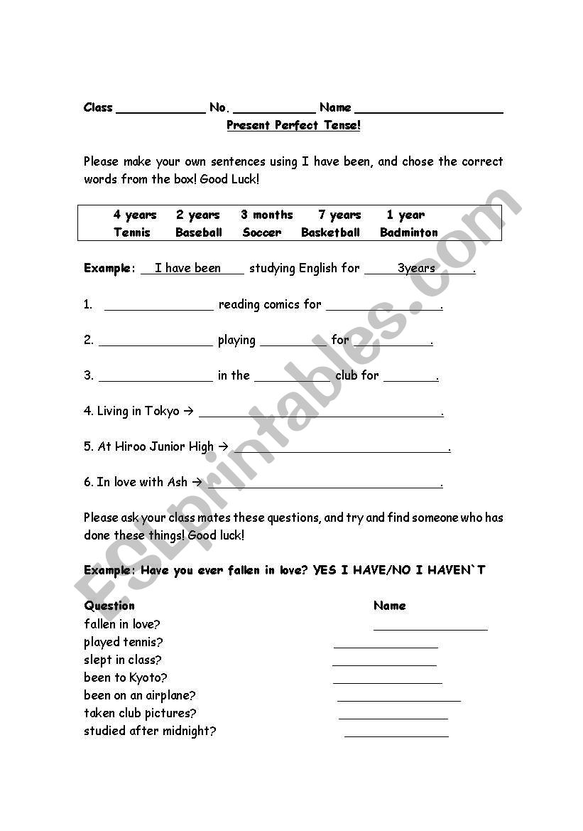present perfect! worksheet