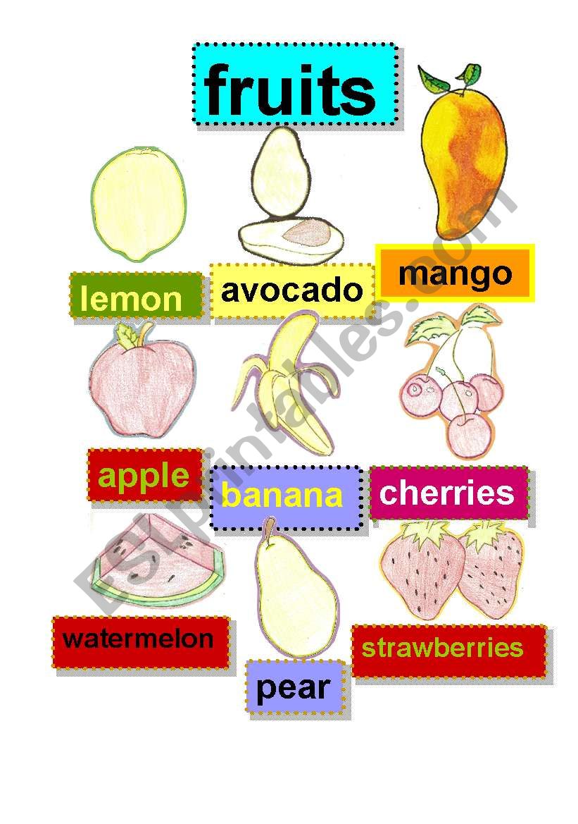 fruits #1- flashcard - lemon-avocado-mango-apple-banana-cherries-watermelon-pear-strawberries