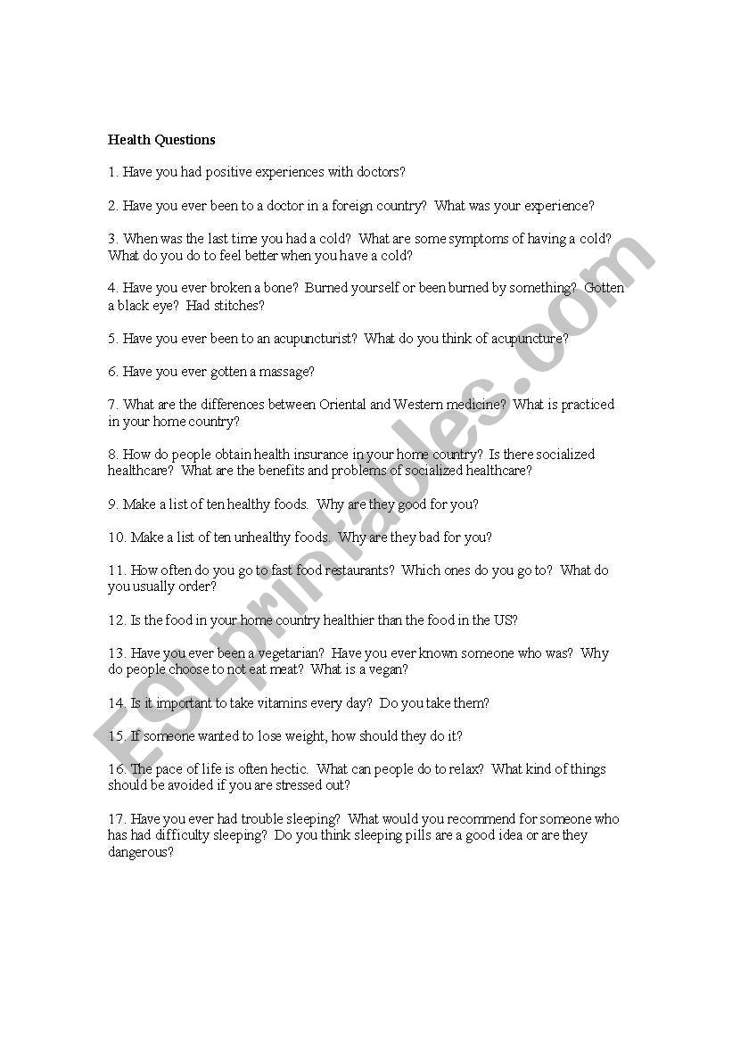 Health Conversation Questions worksheet