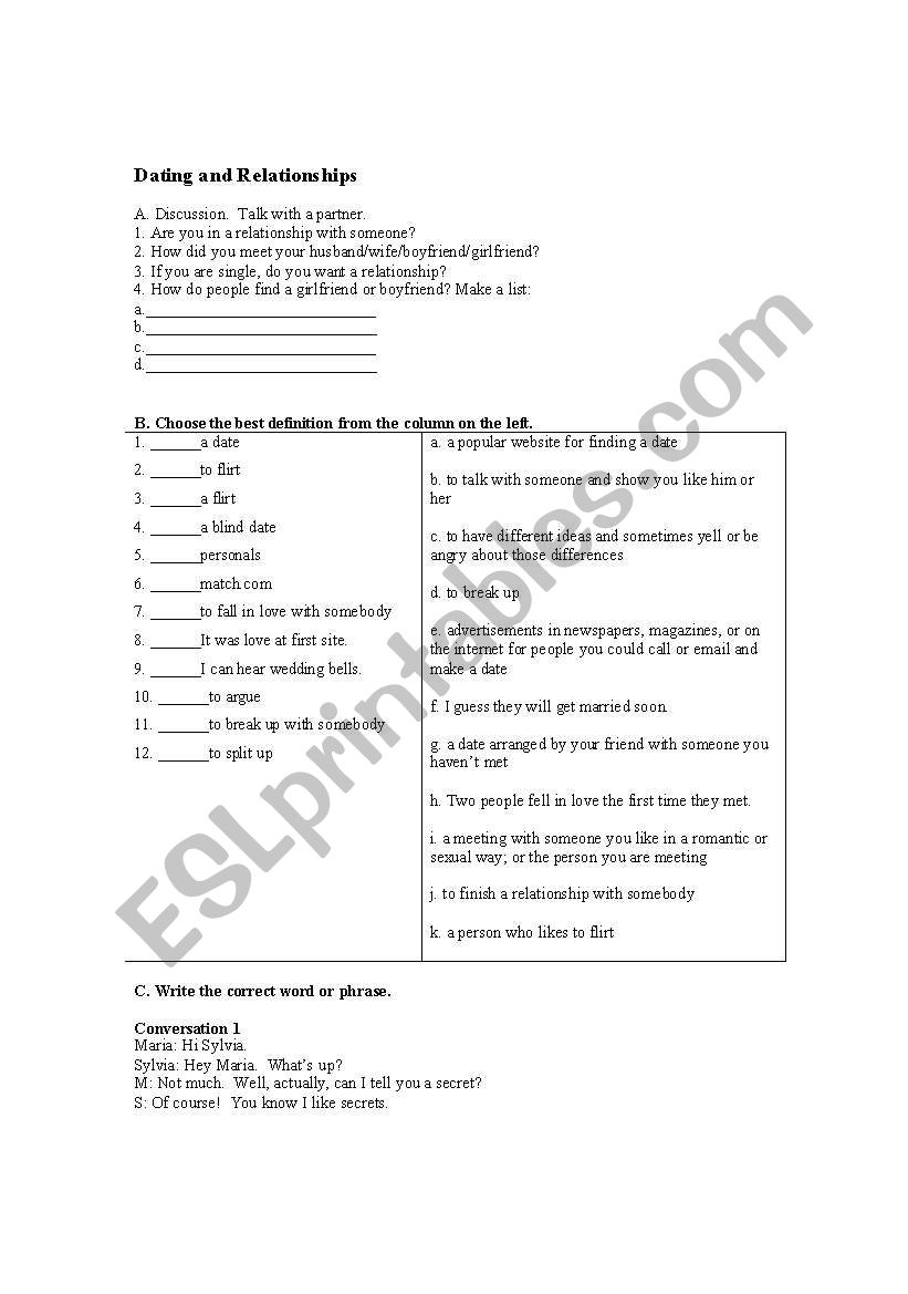 Dating and Relationships worksheet