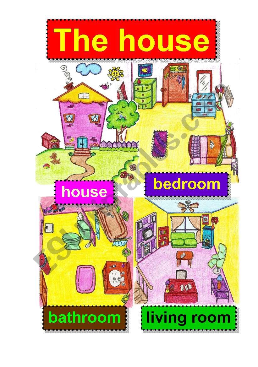 the house - living spaces -  flashcards - bedroom - bathroom - living room