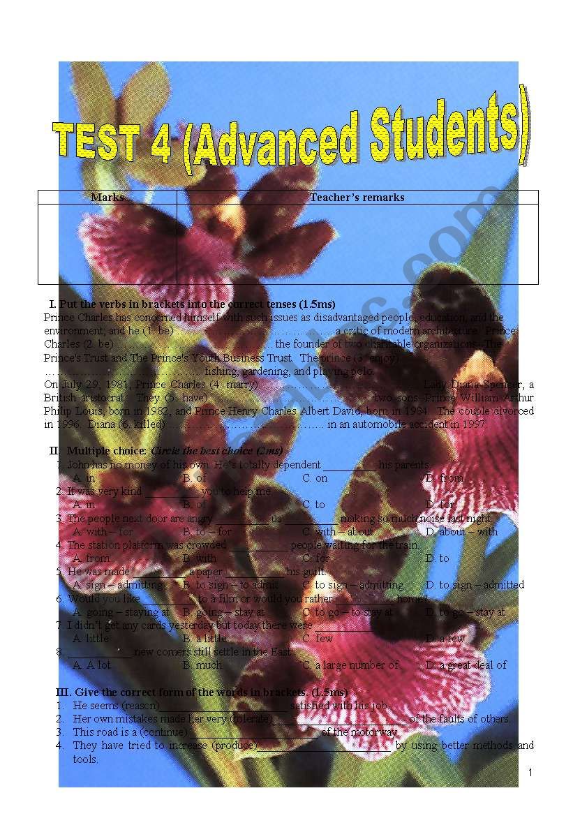 TEST 4 - Advanced Students worksheet