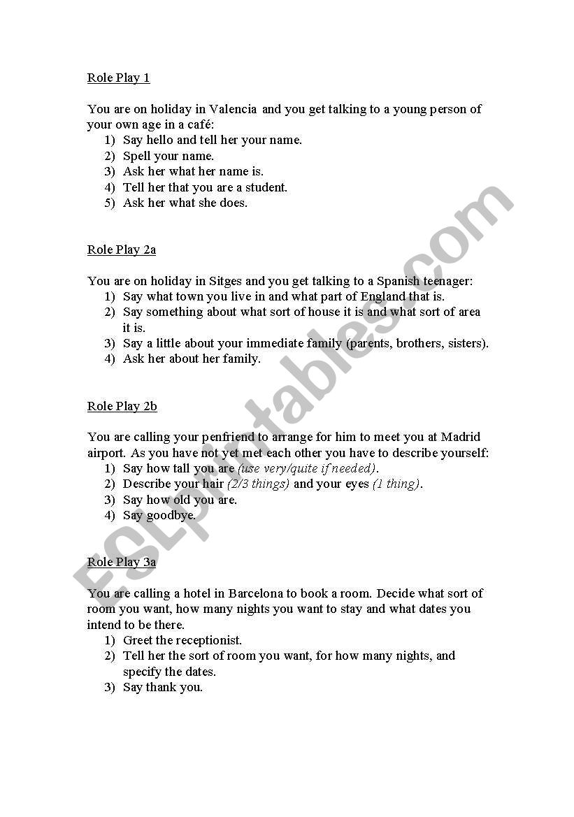 hotel roleplay worksheet