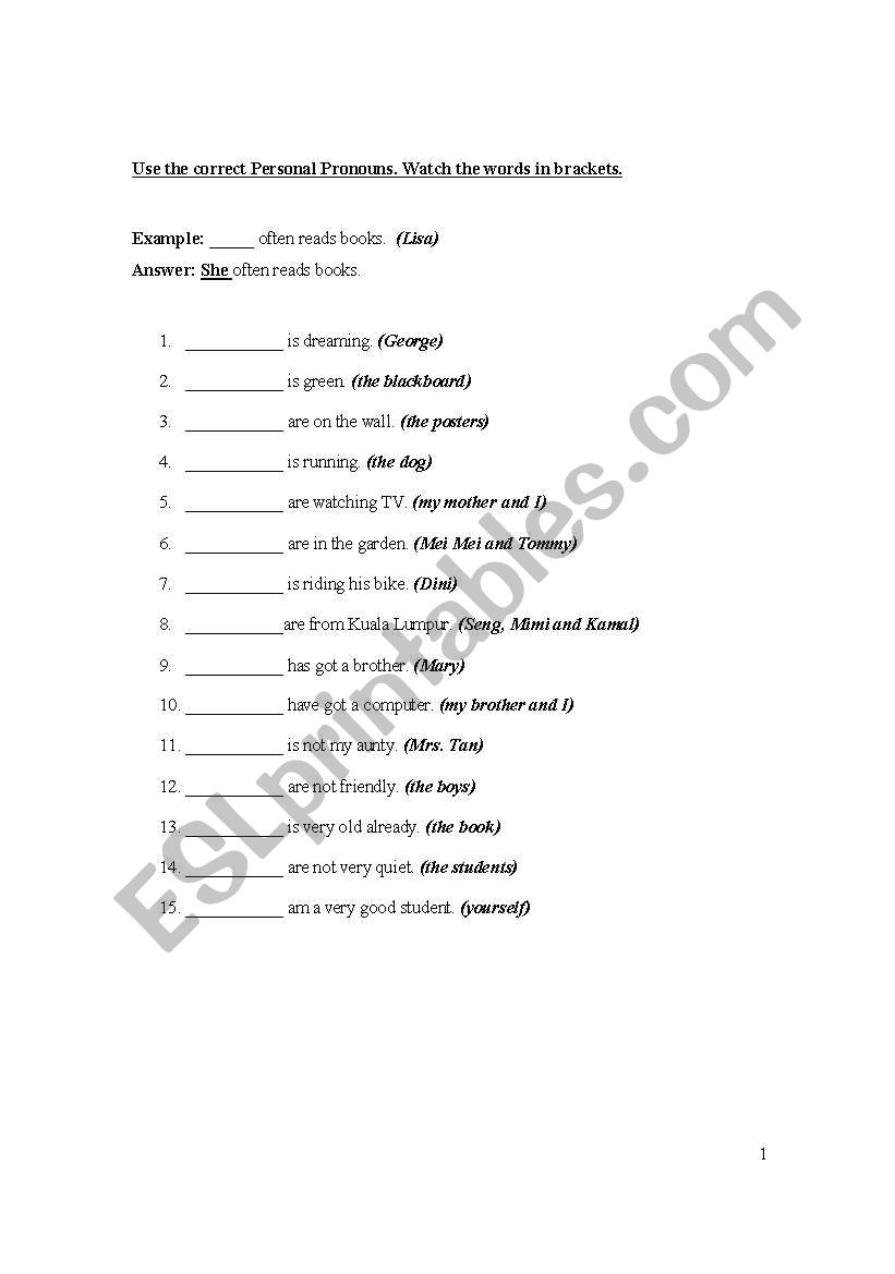 Personal Pronouns (Subject) worksheet