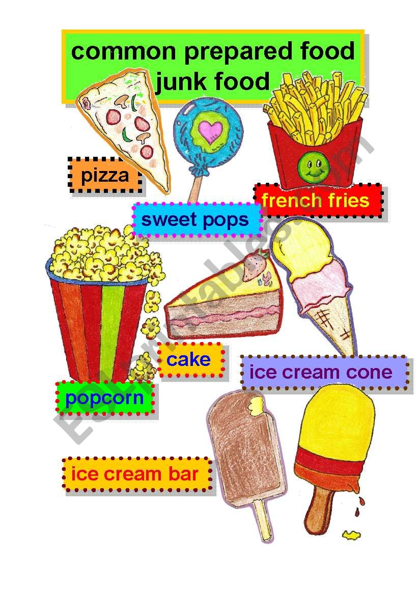junk food - common prepared food #1- flashcards - pizza-sweet pops - french fries - popcorn-cake-ice cream cone-ice cream bar