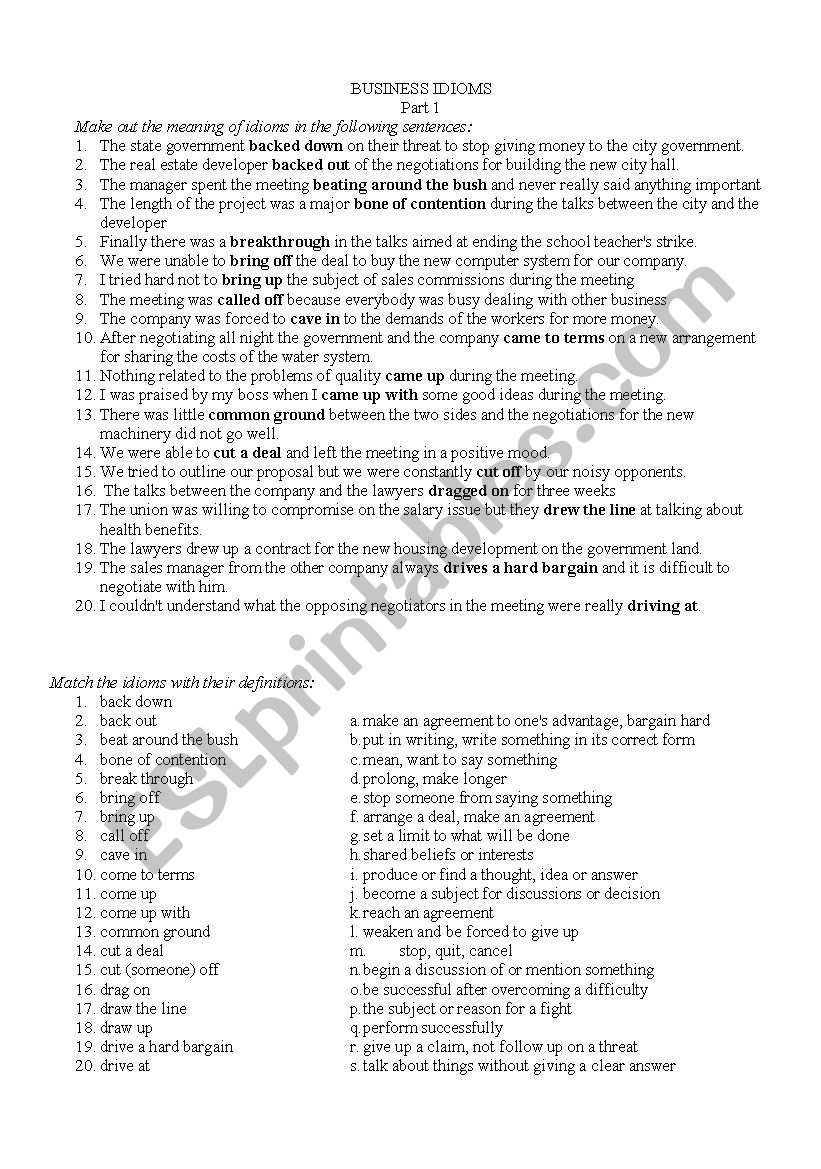 Business idioms  worksheet