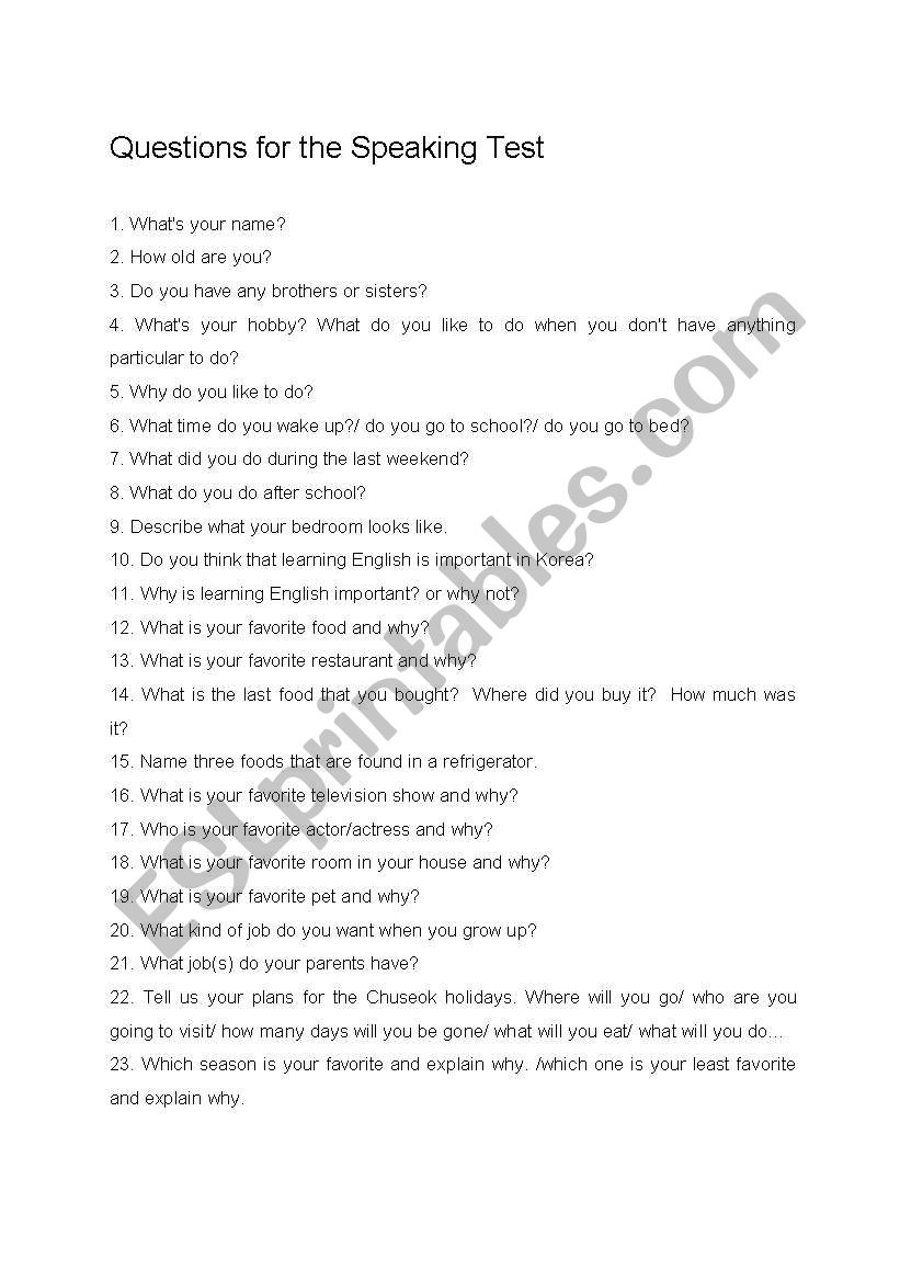 Speaking test worksheet