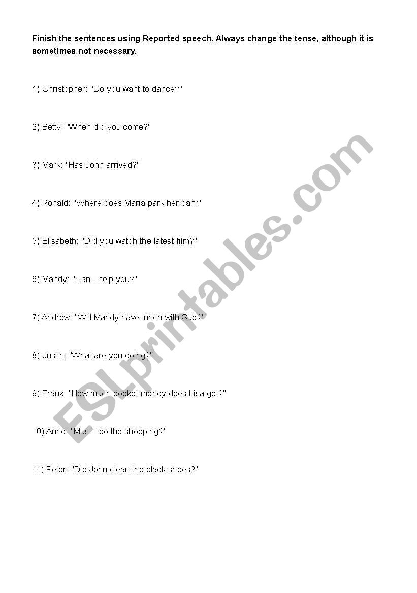 Reported Speech 6 worksheet