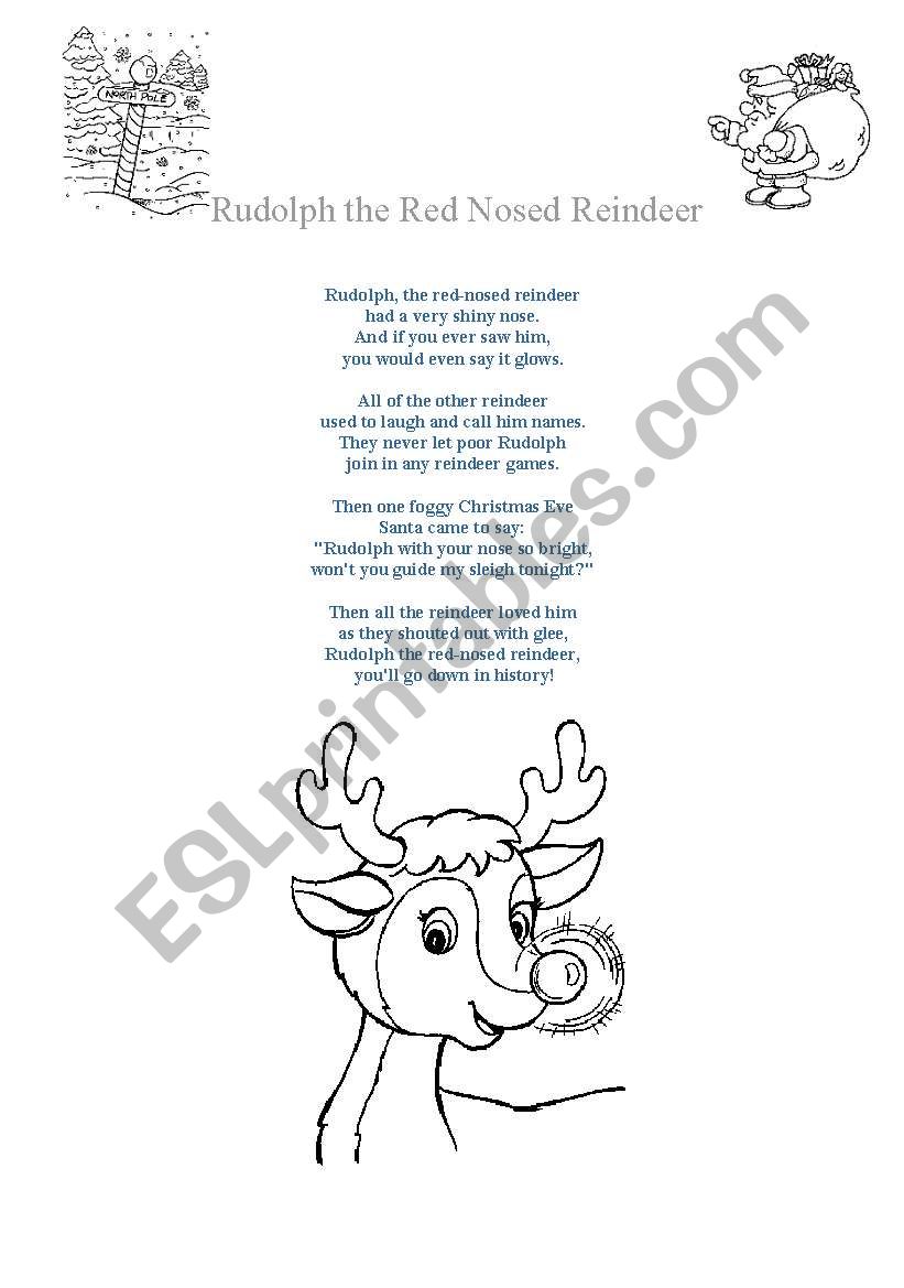 Rudolph the Red Nosed Reindeer Song Lyrics and Colouring Pictures