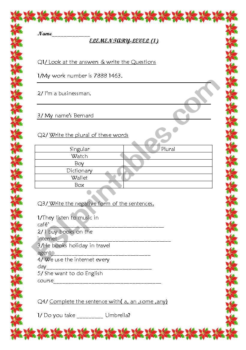 Elementary Exam worksheet