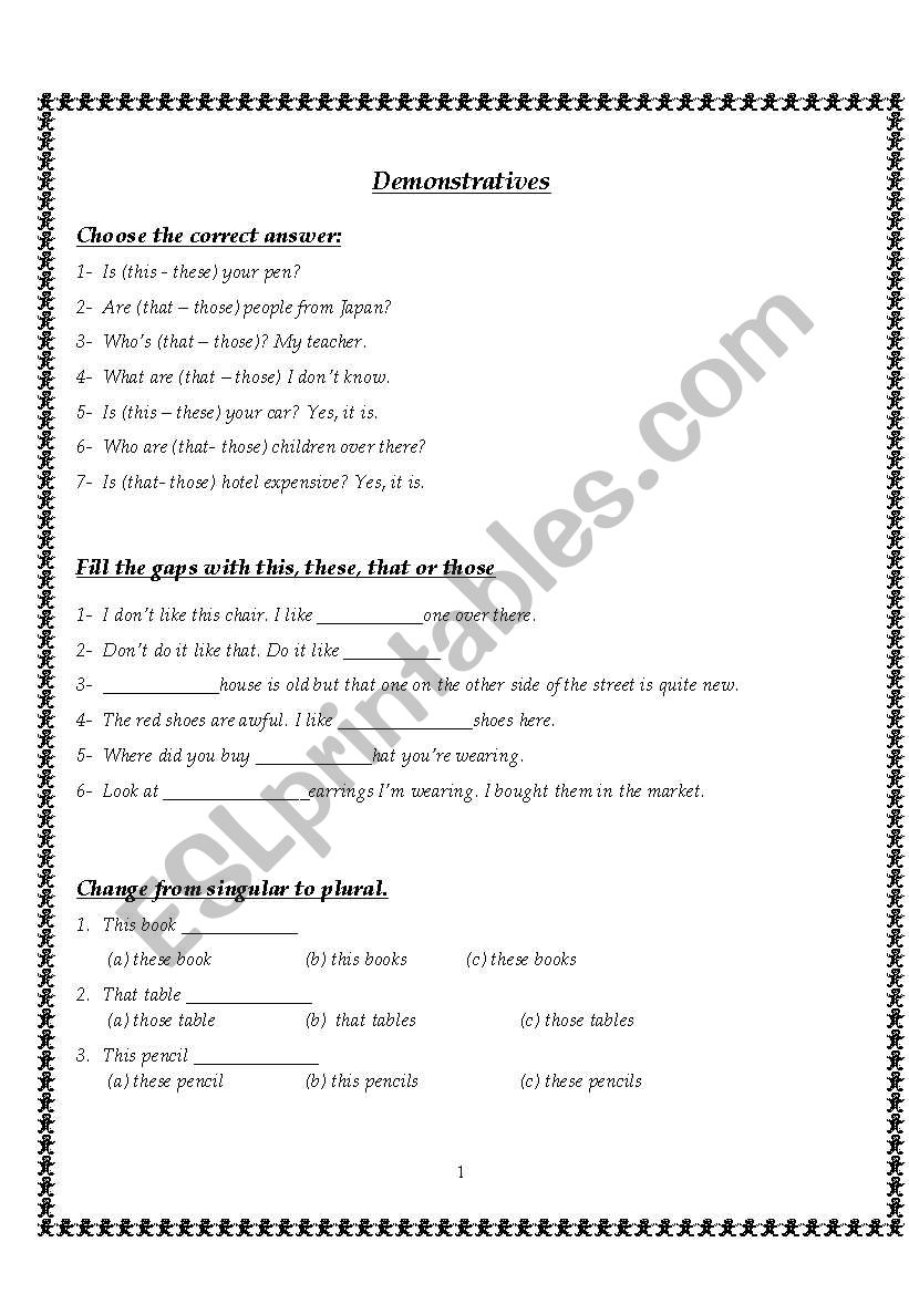 Demonstratives worksheet